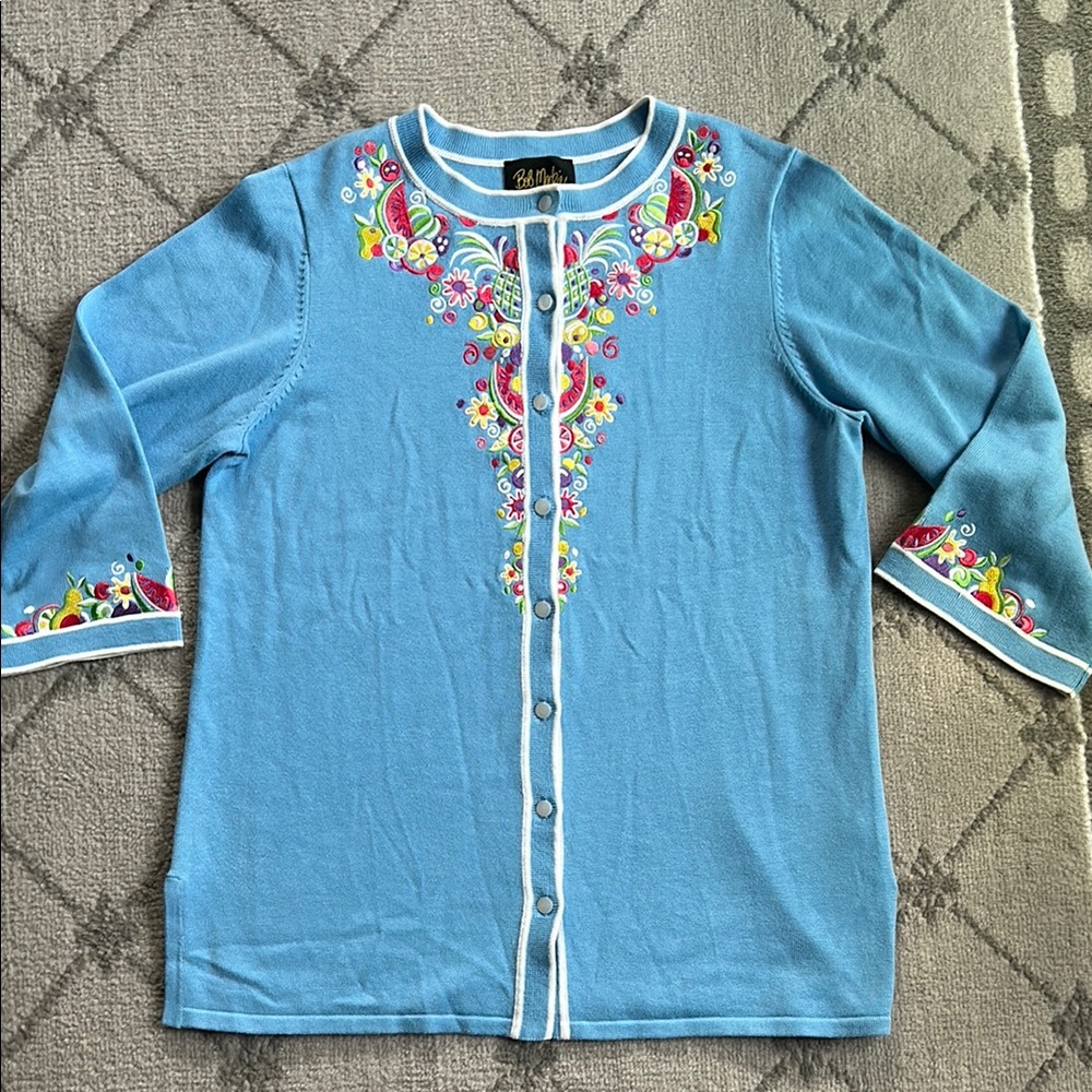 Bob Mackie Blue Embroidered Sweater - Picture 1 of 8